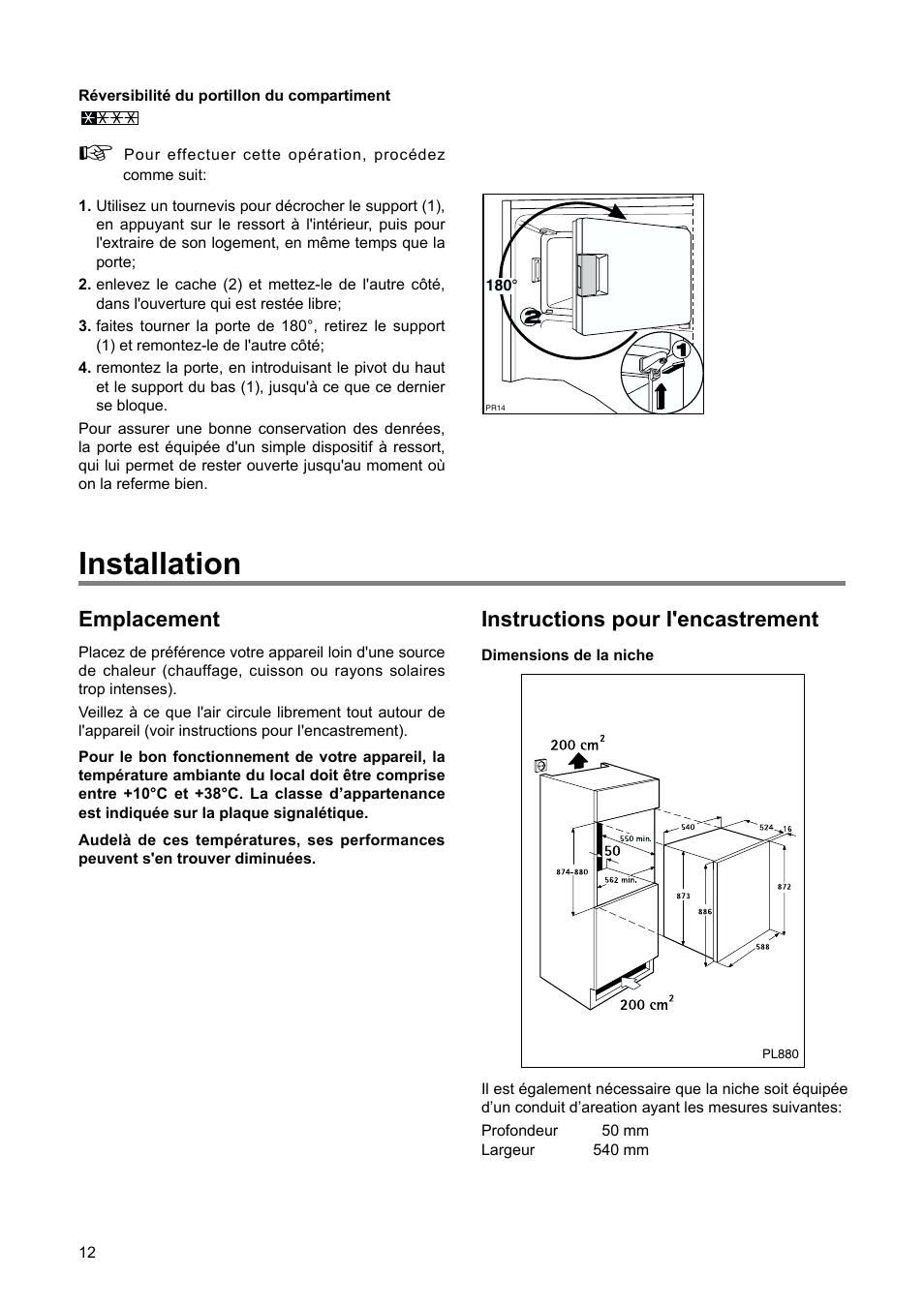 Installation, Emplacement, Instructions pour i'encastrement | DE DIETRICH DRH714JE User Manual | Page 12 / 80