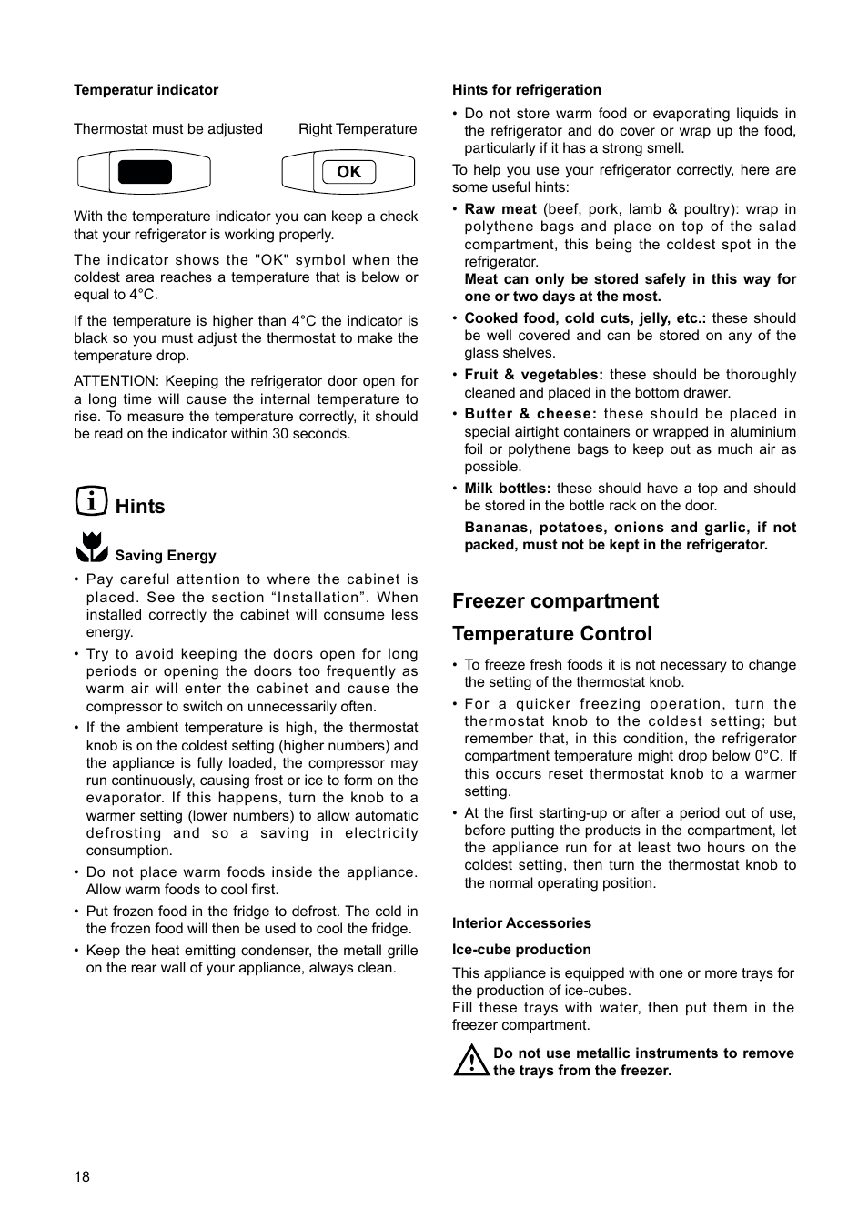 Freezer compartment temperature control, Hints | DE DIETRICH DRH714JE User Manual | Page 18 / 80