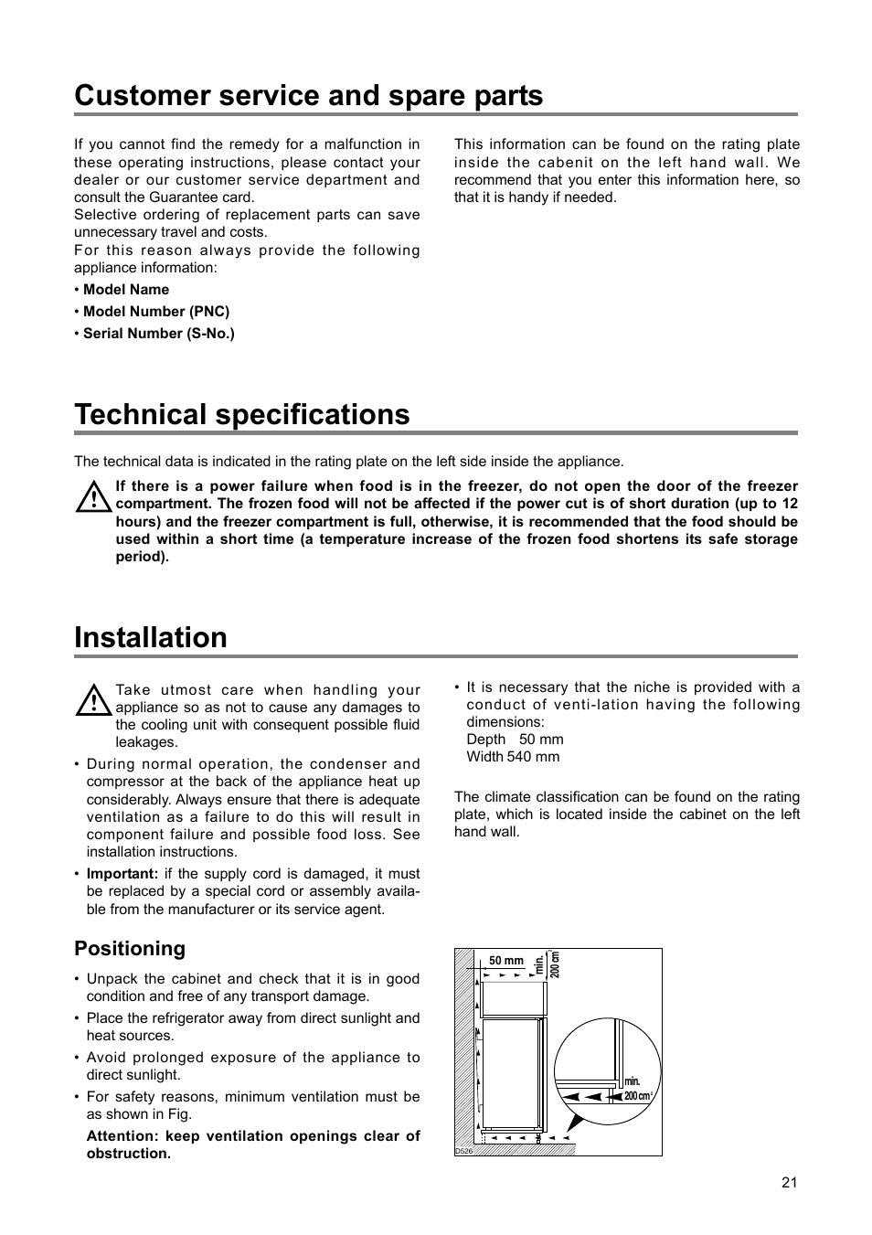 Installation, Technical specifications, Customer service and spare parts | Positioning | DE DIETRICH DRH714JE User Manual | Page 21 / 80