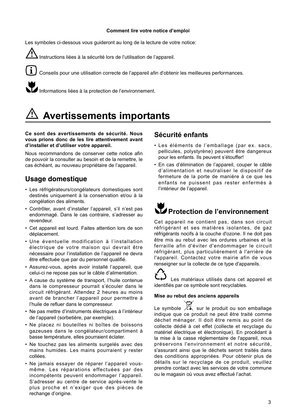 Avertissements importants, Usage domestique, Sécurité enfants | Protection de l’environnement | DE DIETRICH DRH714JE User Manual | Page 3 / 80