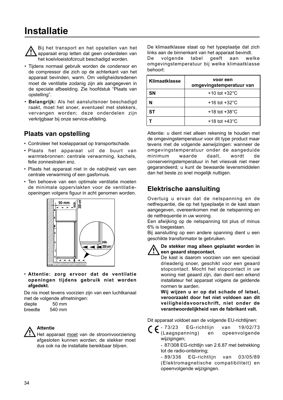 Installatie, Plaats van opstelling, Elektrische aansluiting | DE DIETRICH DRH714JE User Manual | Page 34 / 80