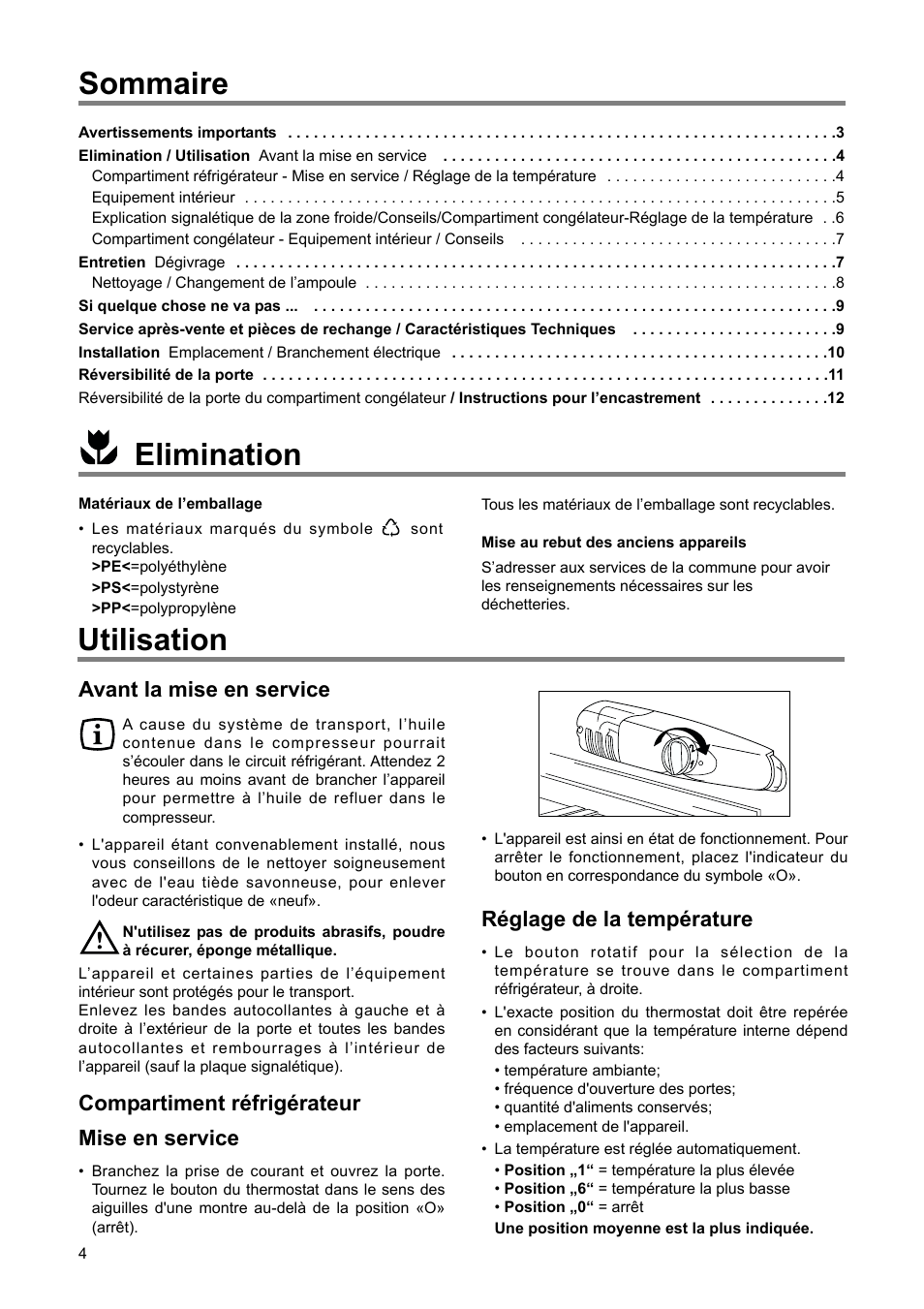 Elimination, Utilisation, Sommaire | Réglage de la température, Avant la mise en service, Compartiment réfrigérateur mise en service | DE DIETRICH DRH714JE User Manual | Page 4 / 80