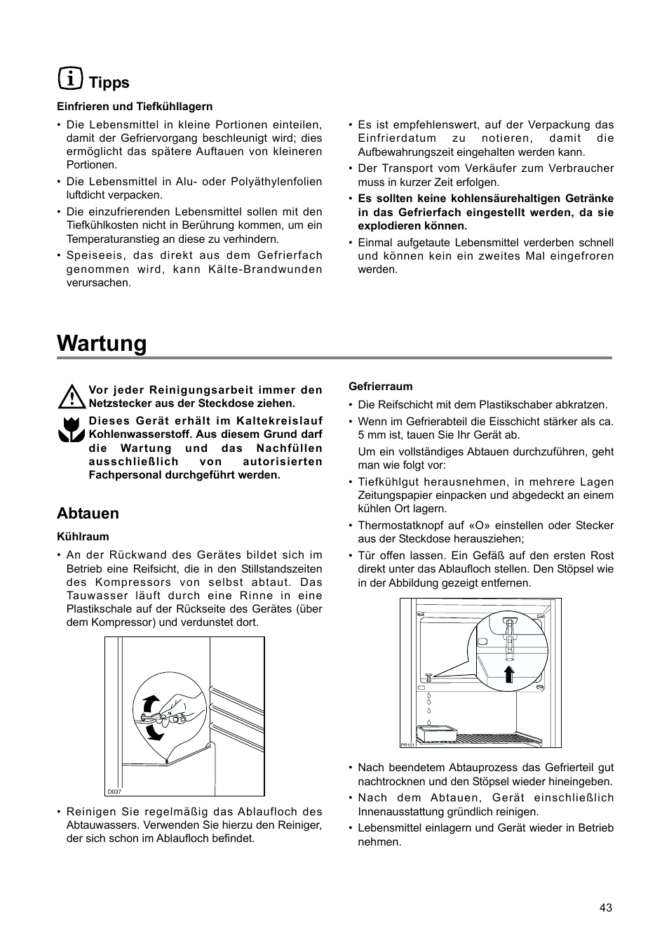 Wartung, Abtauen, Tipps | DE DIETRICH DRH714JE User Manual | Page 43 / 80