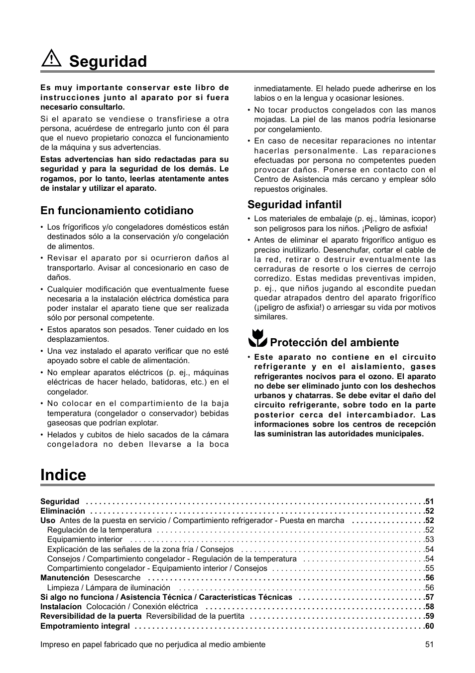 Seguridad, Indice, Seguridad infantil | Protección del ambiente, En funcionamiento cotidiano | DE DIETRICH DRH714JE User Manual | Page 51 / 80