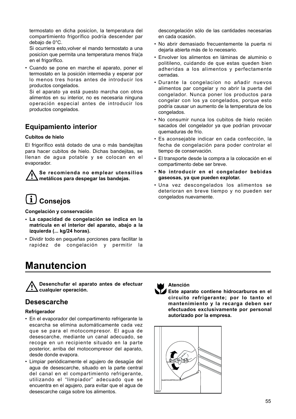 Manutencion, Equipamiento interior, Consejos | Desescarche | DE DIETRICH DRH714JE User Manual | Page 55 / 80