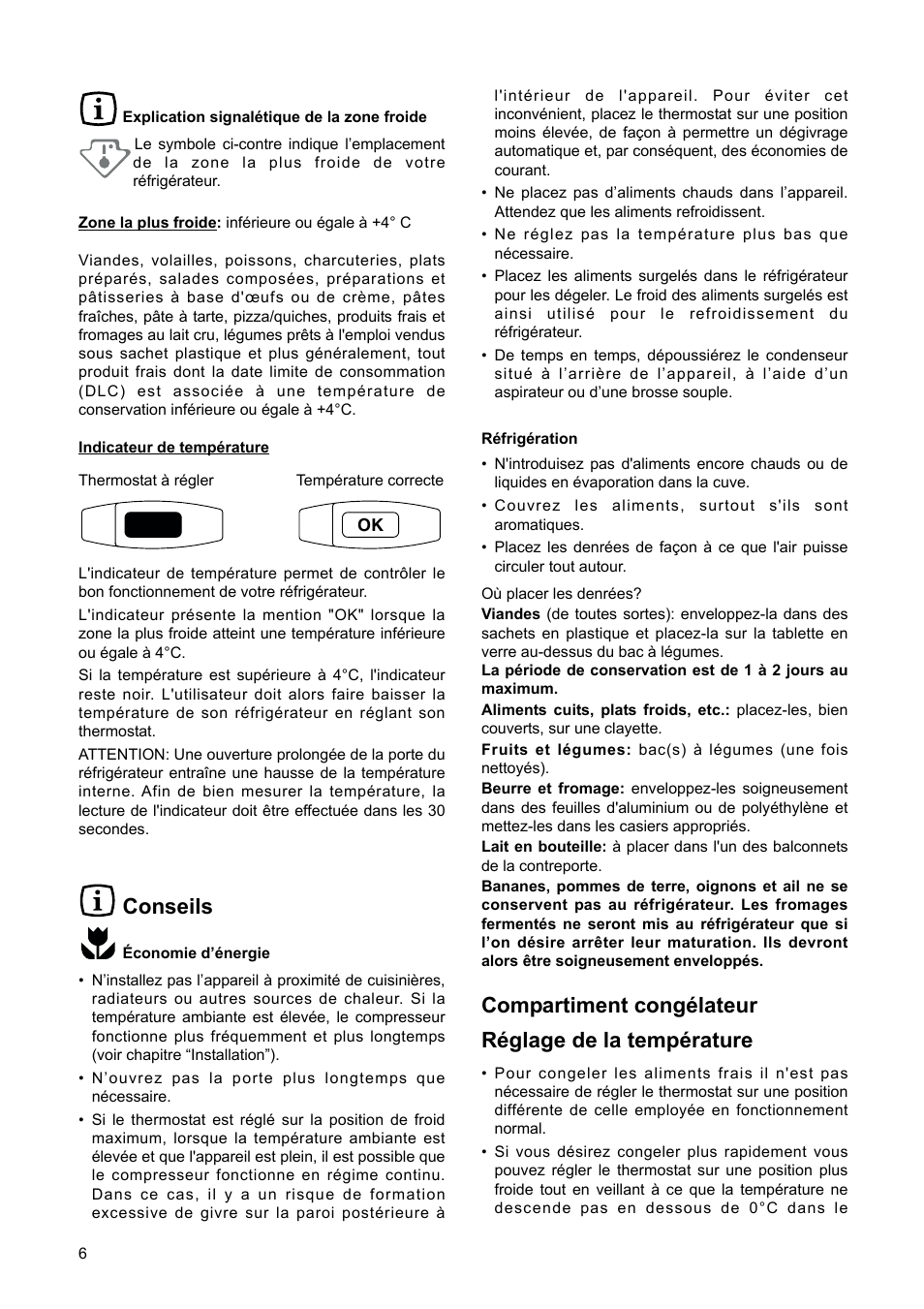 Conseils, Compartiment congélateur réglage de la température | DE DIETRICH DRH714JE User Manual | Page 6 / 80