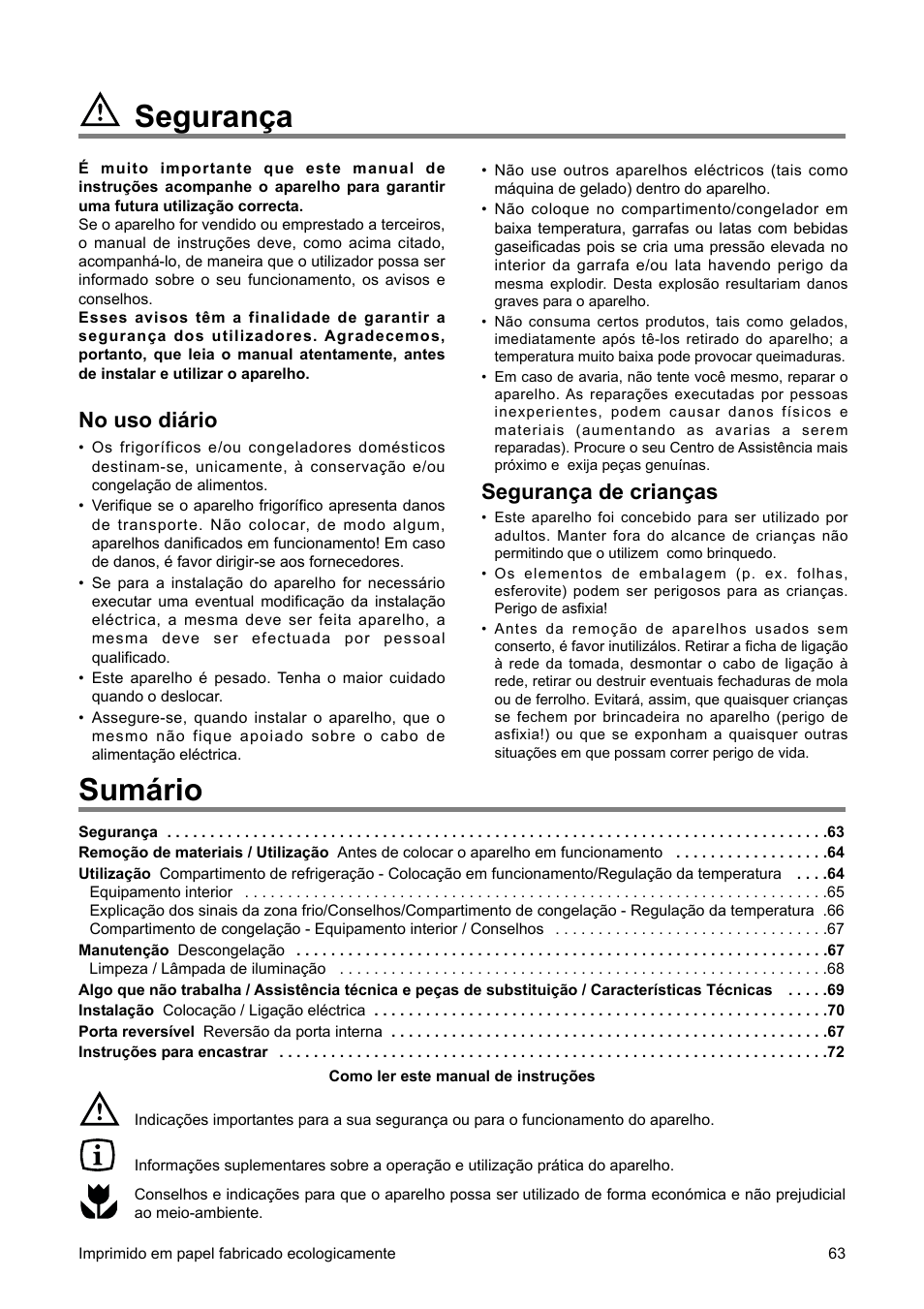 Segurança, Sumário, Segurança de crianças | No uso diário | DE DIETRICH DRH714JE User Manual | Page 63 / 80