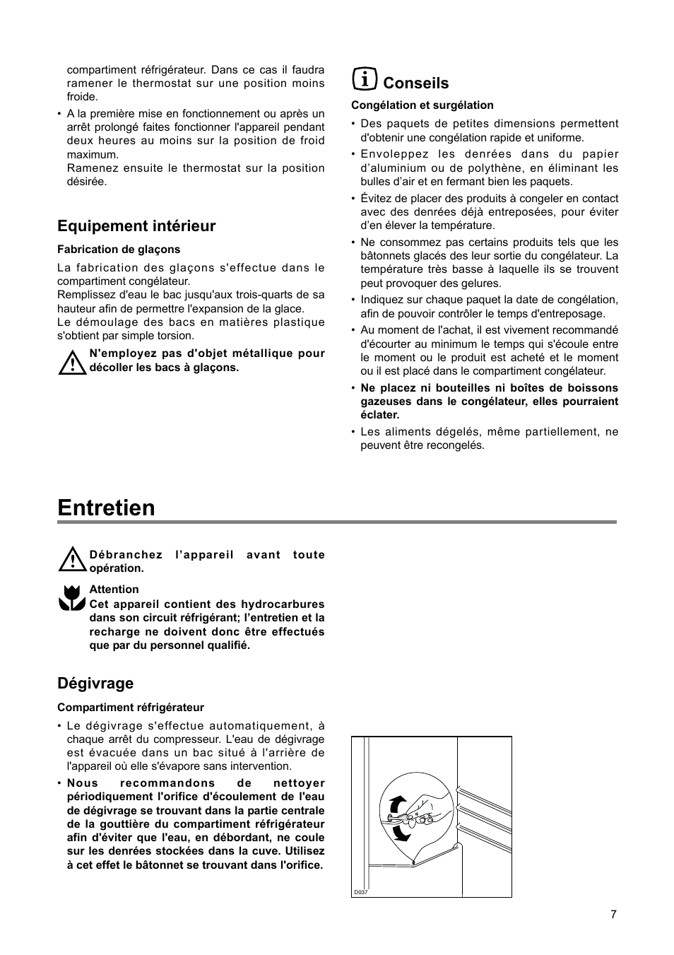 Entretien, Equipement intérieur, Conseils | Dégivrage | DE DIETRICH DRH714JE User Manual | Page 7 / 80