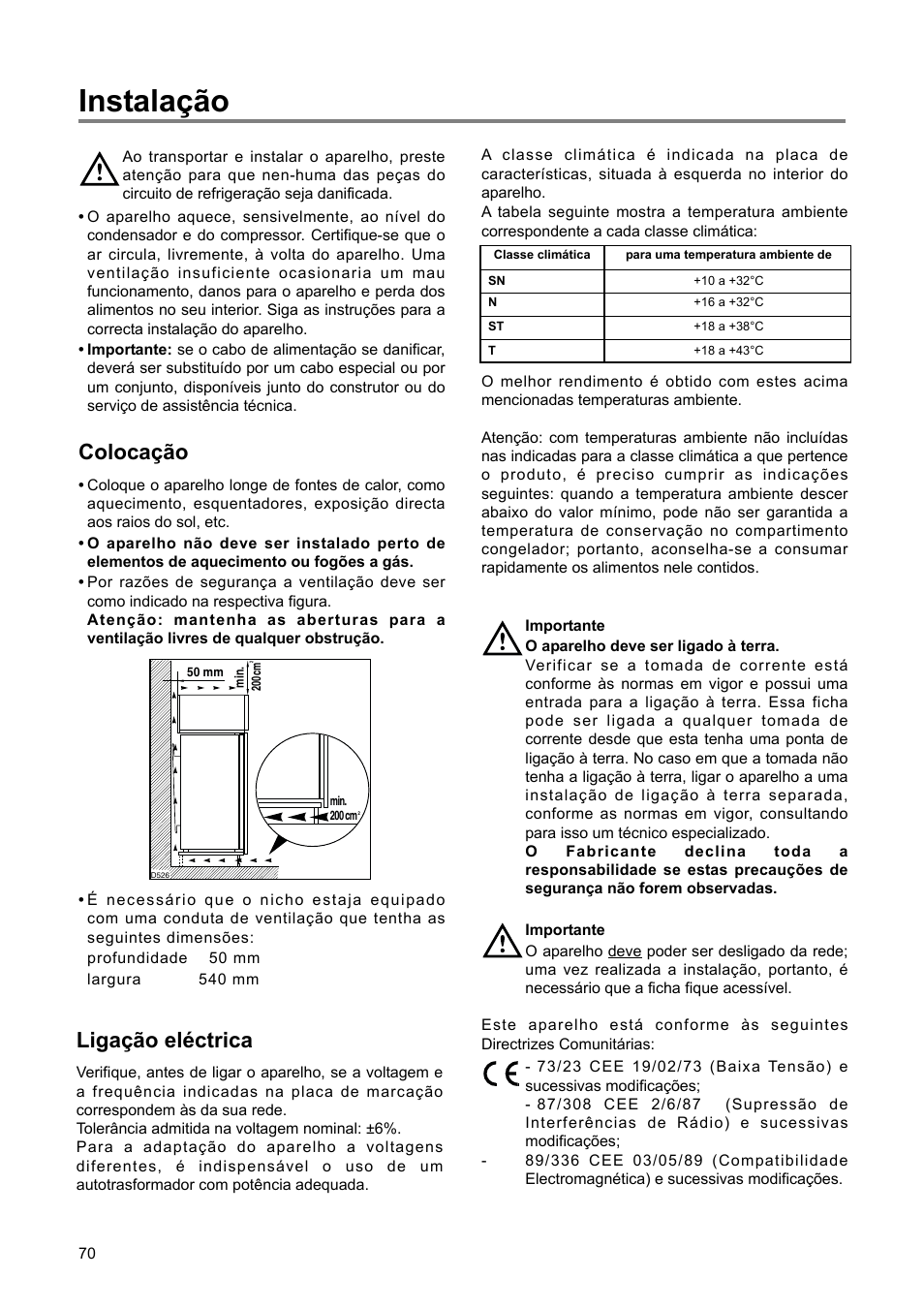 Instalação, Colocação, Ligação eléctrica | DE DIETRICH DRH714JE User Manual | Page 70 / 80