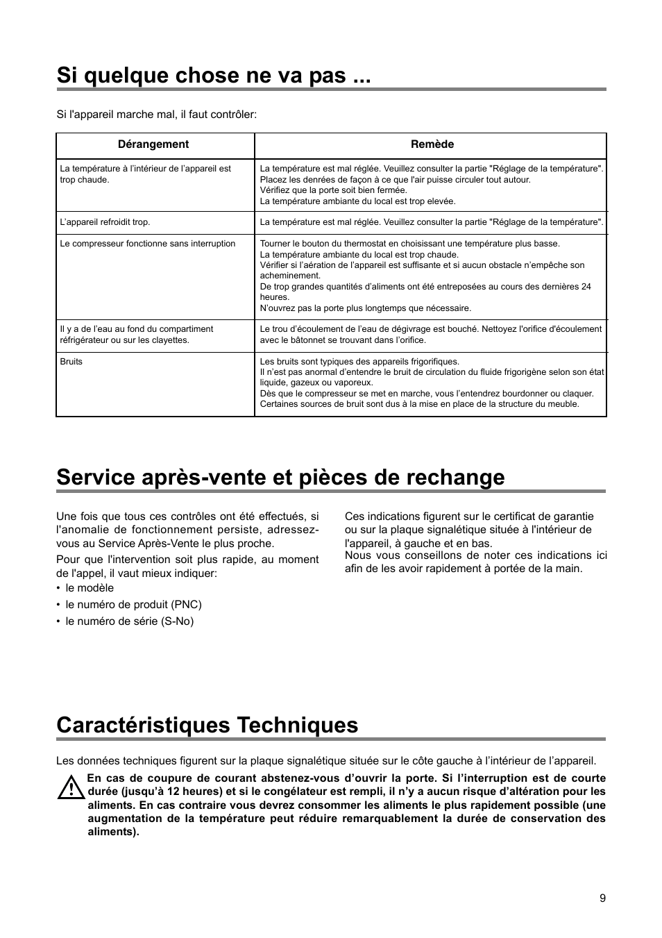 Si quelque chose ne va pas, Service après-vente et pièces de rechange, Caractéristiques techniques | DE DIETRICH DRH714JE User Manual | Page 9 / 80