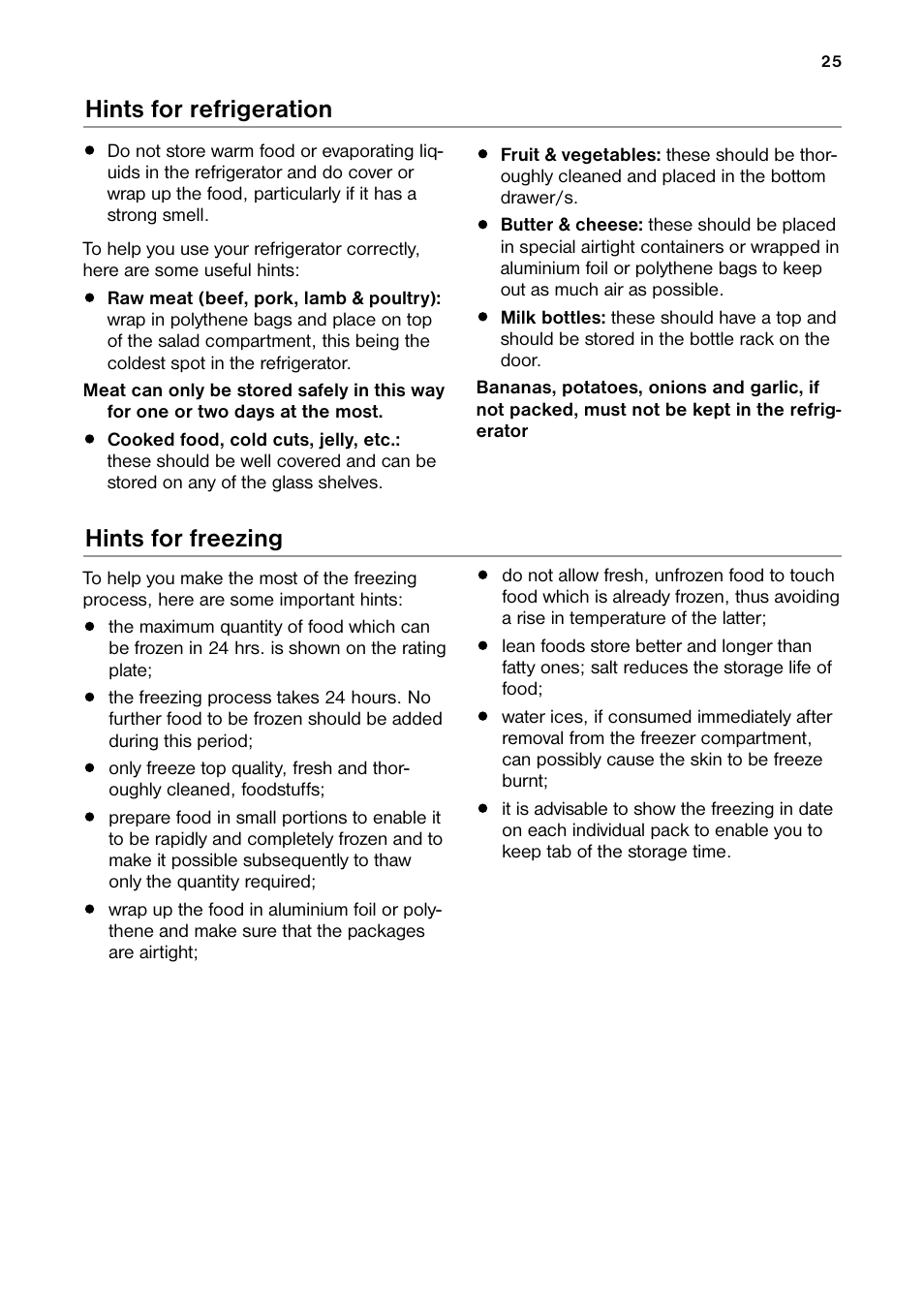 Hints for refrigeration hints for freezing | DE DIETRICH DRH914JE User Manual | Page 25 / 72