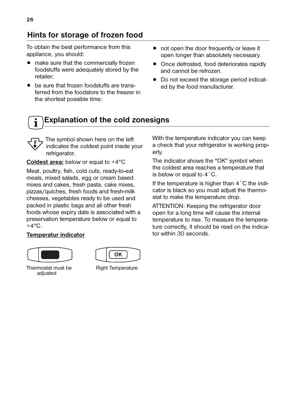 Hints for storage of frozen food, Explanation of the cold zonesigns | DE DIETRICH DRH914JE User Manual | Page 26 / 72