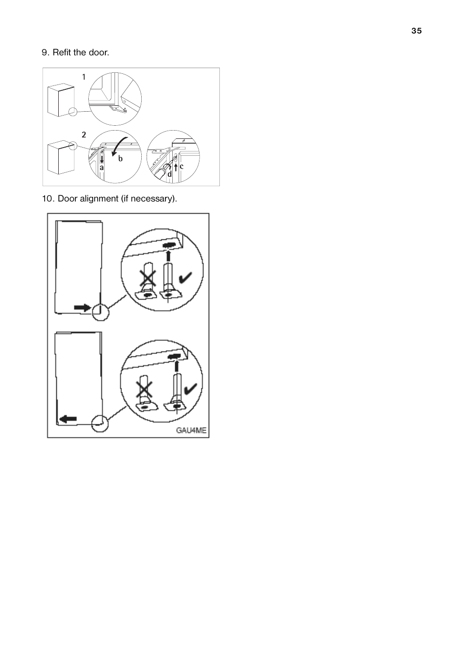 Refit the door. 10. door alignment (if necessary) | DE DIETRICH DRH914JE User Manual | Page 35 / 72