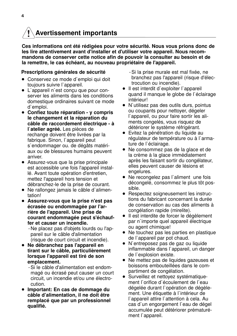 Avertissement importants | DE DIETRICH DRH914JE User Manual | Page 4 / 72