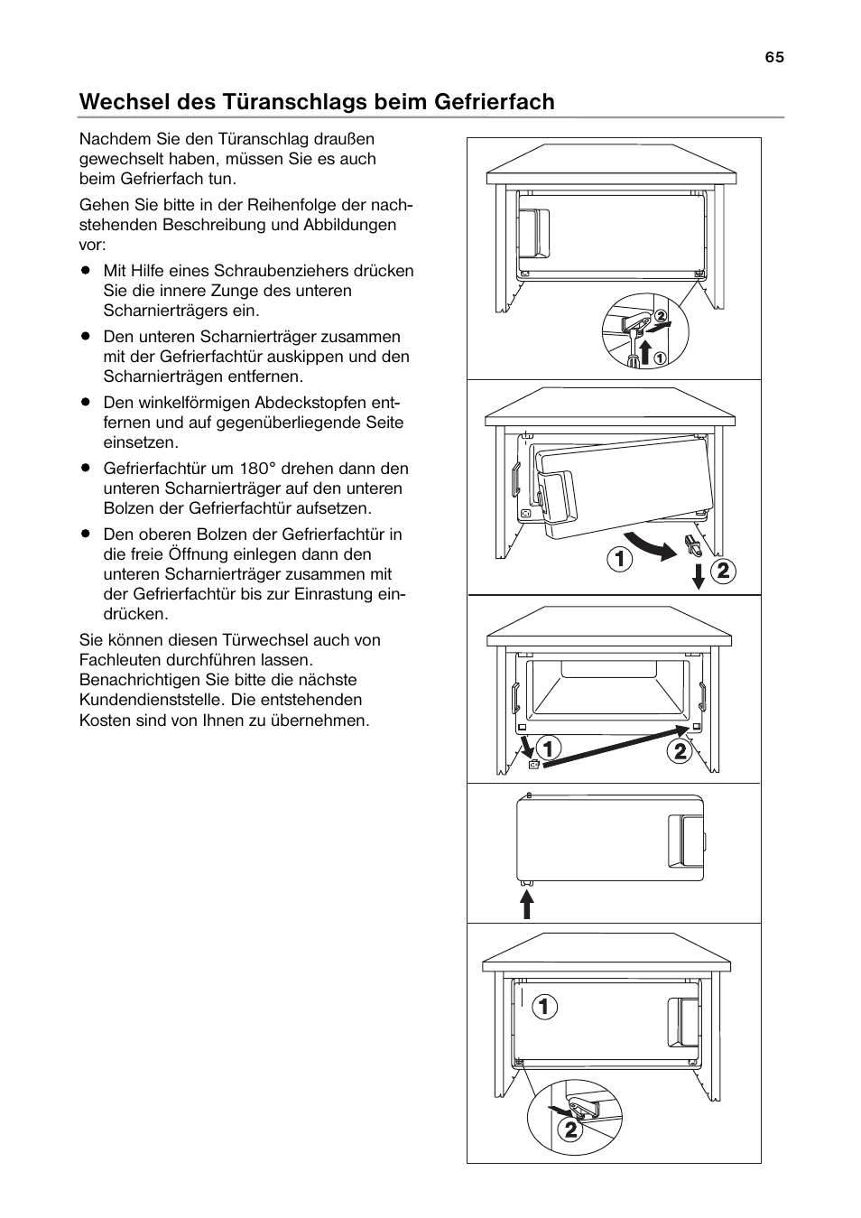 Wechsel des türanschlags beim gefrierfach | DE DIETRICH DRH914JE User Manual | Page 65 / 72