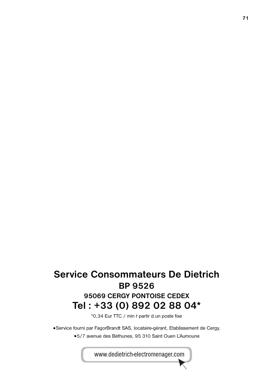 Service consommateurs de dietrich, Bp 9526 | DE DIETRICH DRH914JE User Manual | Page 71 / 72