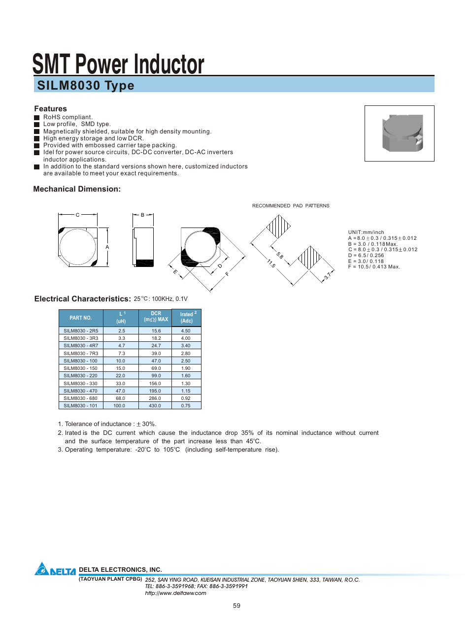 Delta Electronics SMT Power Inductor SILM8030 User Manual | 1 page