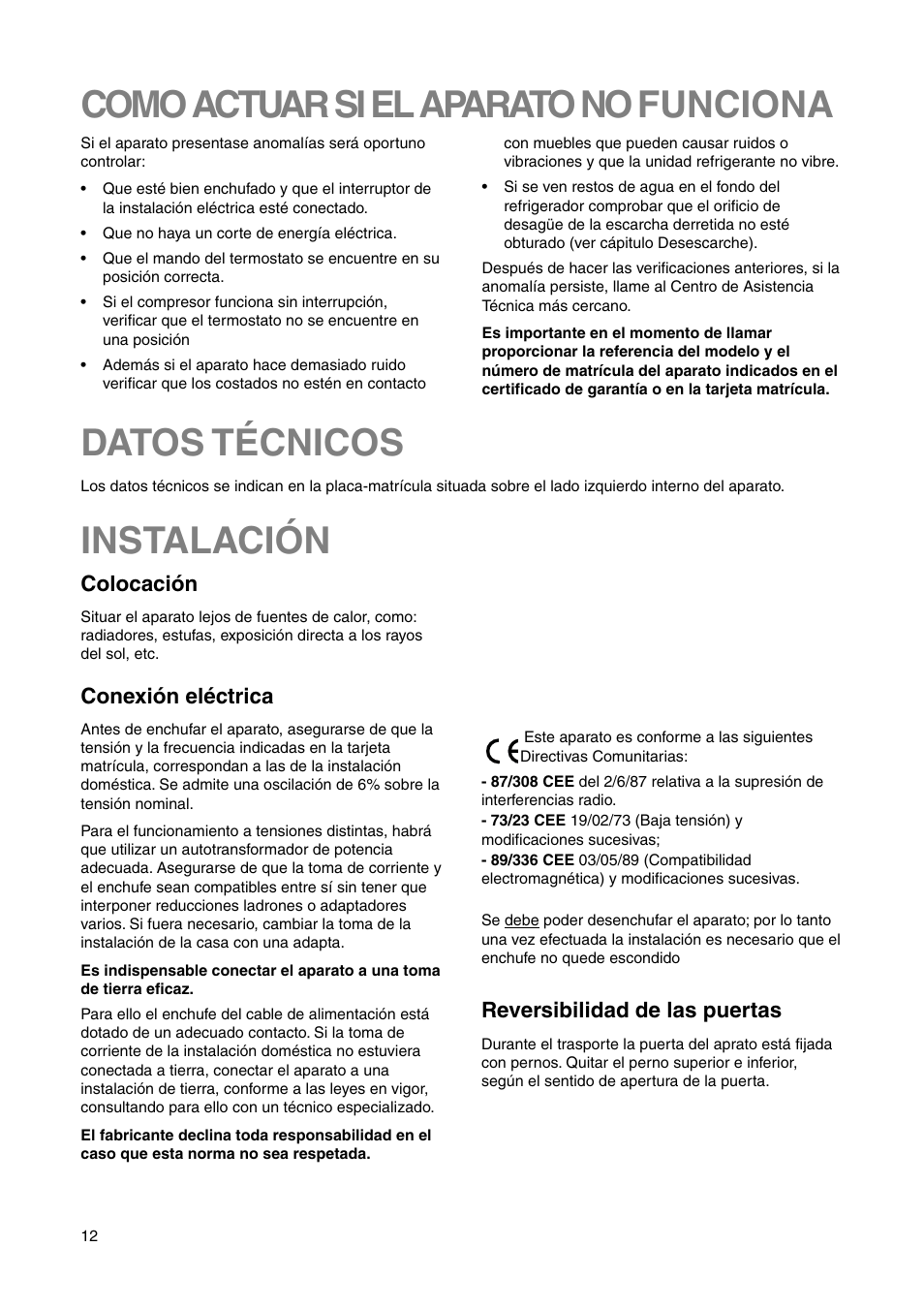 Instalación, Como actuar si el aparato no funciona, Datos técnicos | Conexión eléctrica, Colocación, Reversibilidad de las puertas | DE DIETRICH DRS330JE1 User Manual | Page 12 / 48