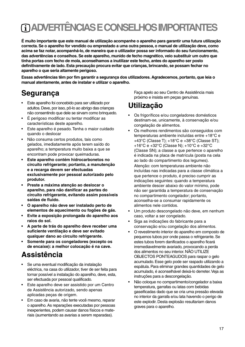 Advertências e conselhos importantes, Segurança, Assistência | Utilização | DE DIETRICH DRS330JE1 User Manual | Page 17 / 48
