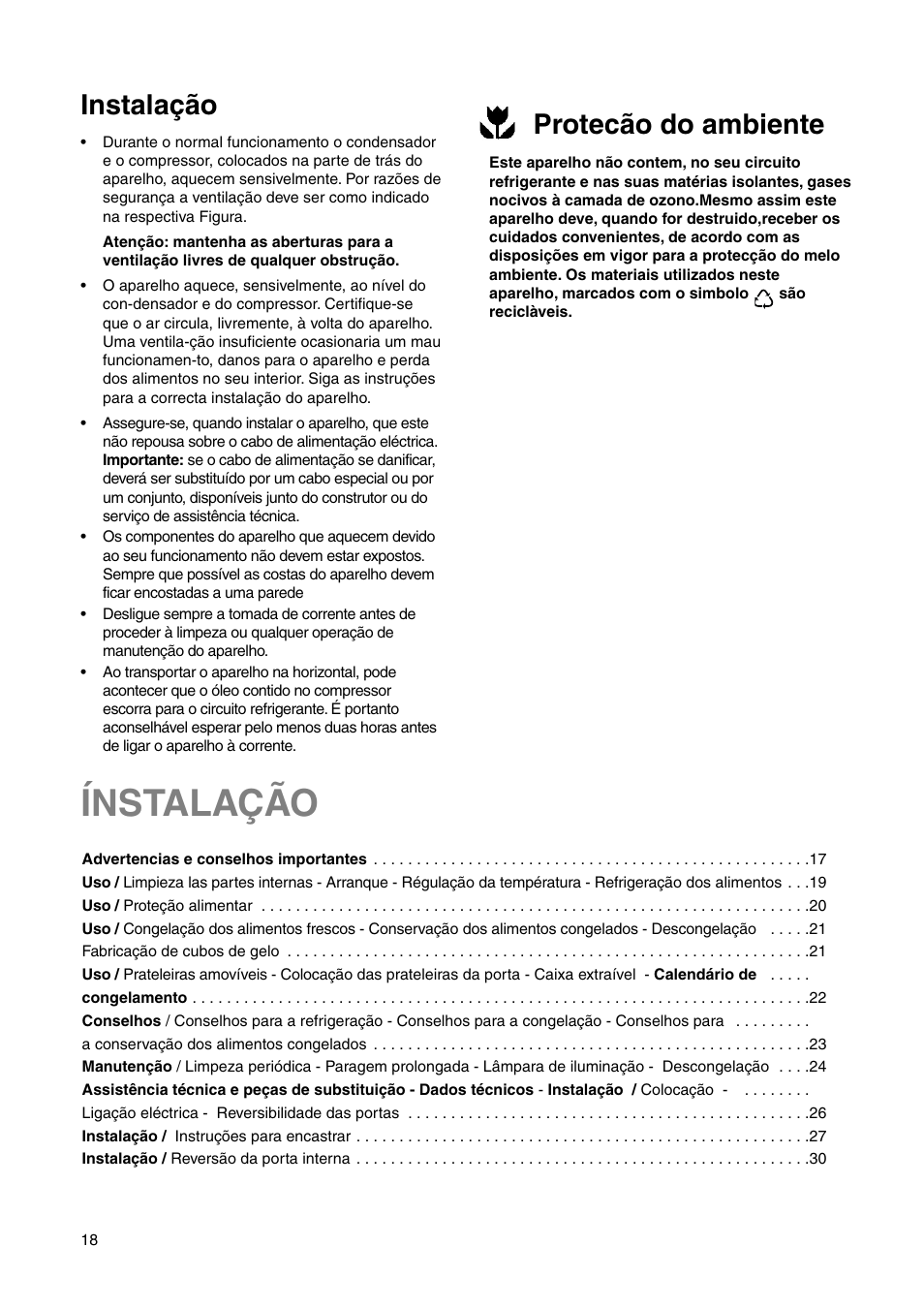 Ínstalação, Instalação, Protecão do ambiente | DE DIETRICH DRS330JE1 User Manual | Page 18 / 48