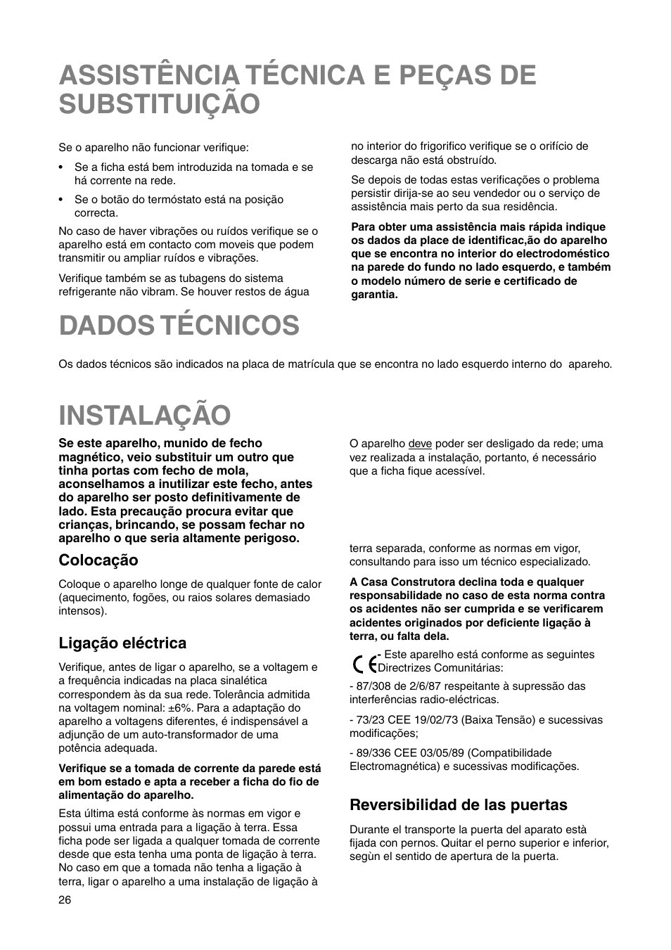 Instalação, Assistência técnica e peças de substituição, Dados técnicos | DE DIETRICH DRS330JE1 User Manual | Page 26 / 48
