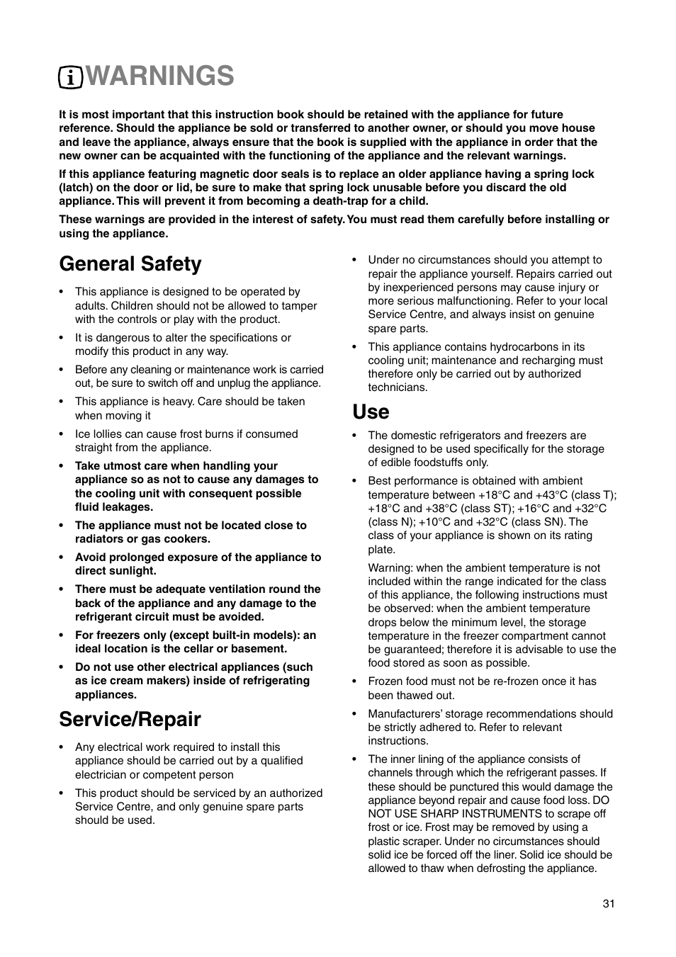 Warnings, General safety, Service/repair | DE DIETRICH DRS330JE1 User Manual | Page 31 / 48