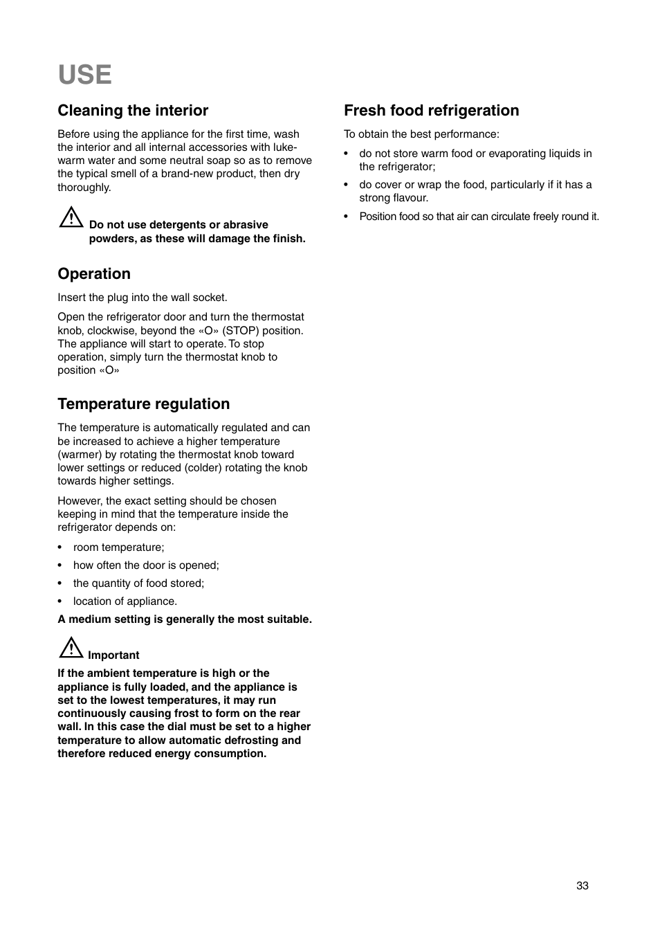 Cleaning the interior, Operation, Temperature regulation | Fresh food refrigeration | DE DIETRICH DRS330JE1 User Manual | Page 33 / 48