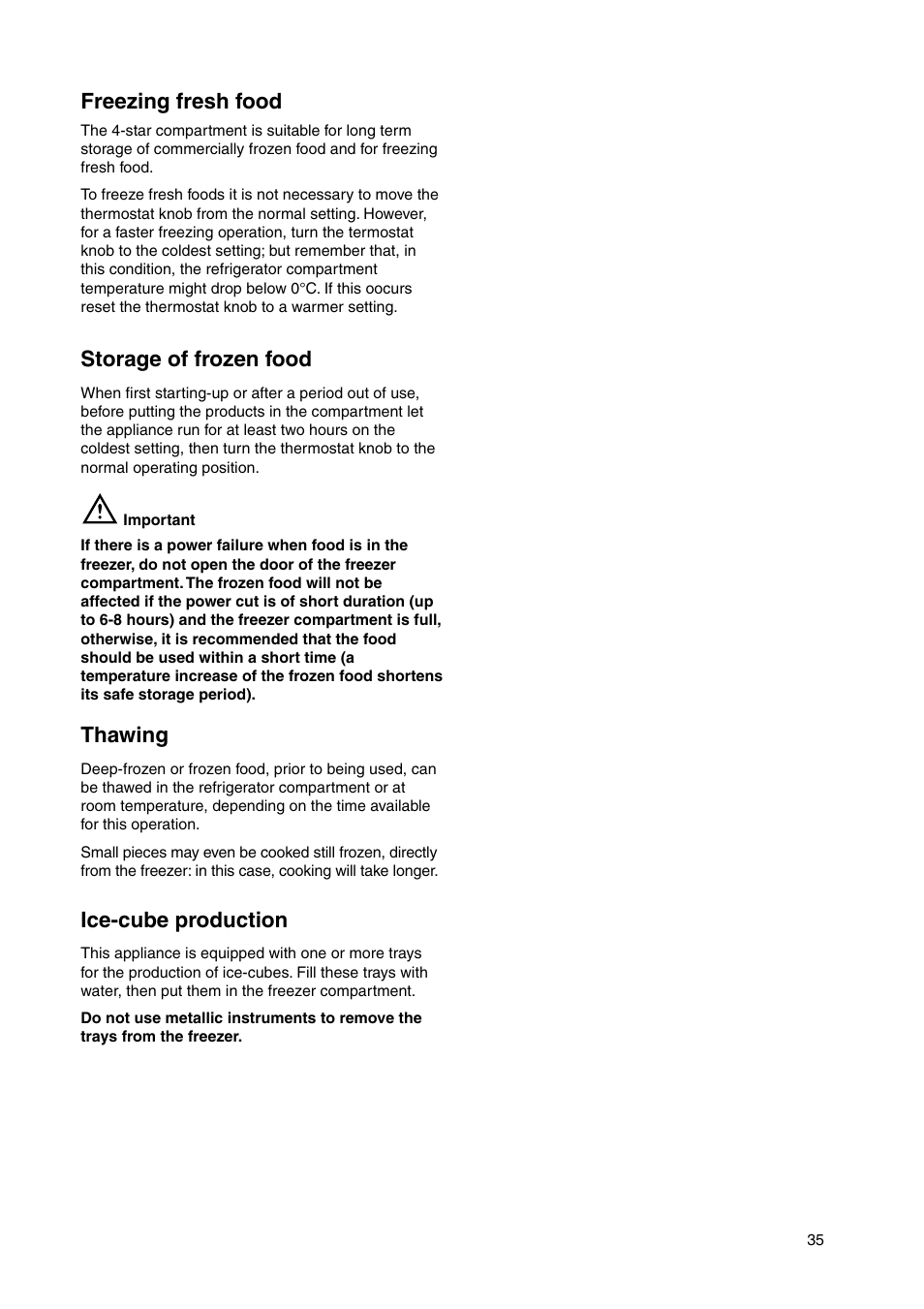 Storage of frozen food, Thawing, Ice-cube production | Freezing fresh food | DE DIETRICH DRS330JE1 User Manual | Page 35 / 48