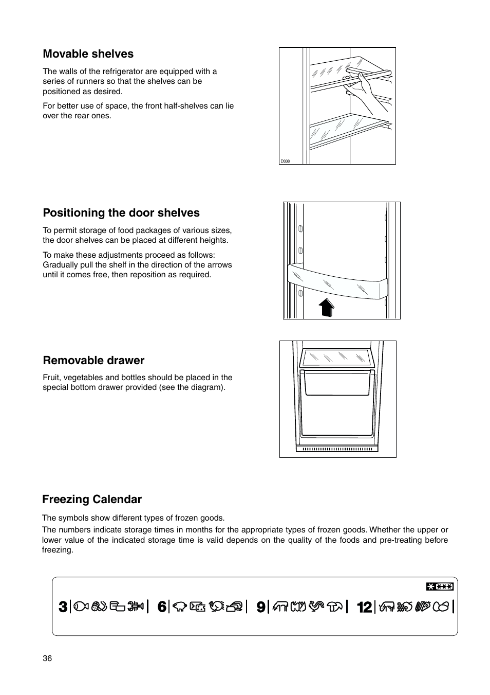 Freezing calendar, Movable shelves, Positioning the door shelves | Removable drawer | DE DIETRICH DRS330JE1 User Manual | Page 36 / 48