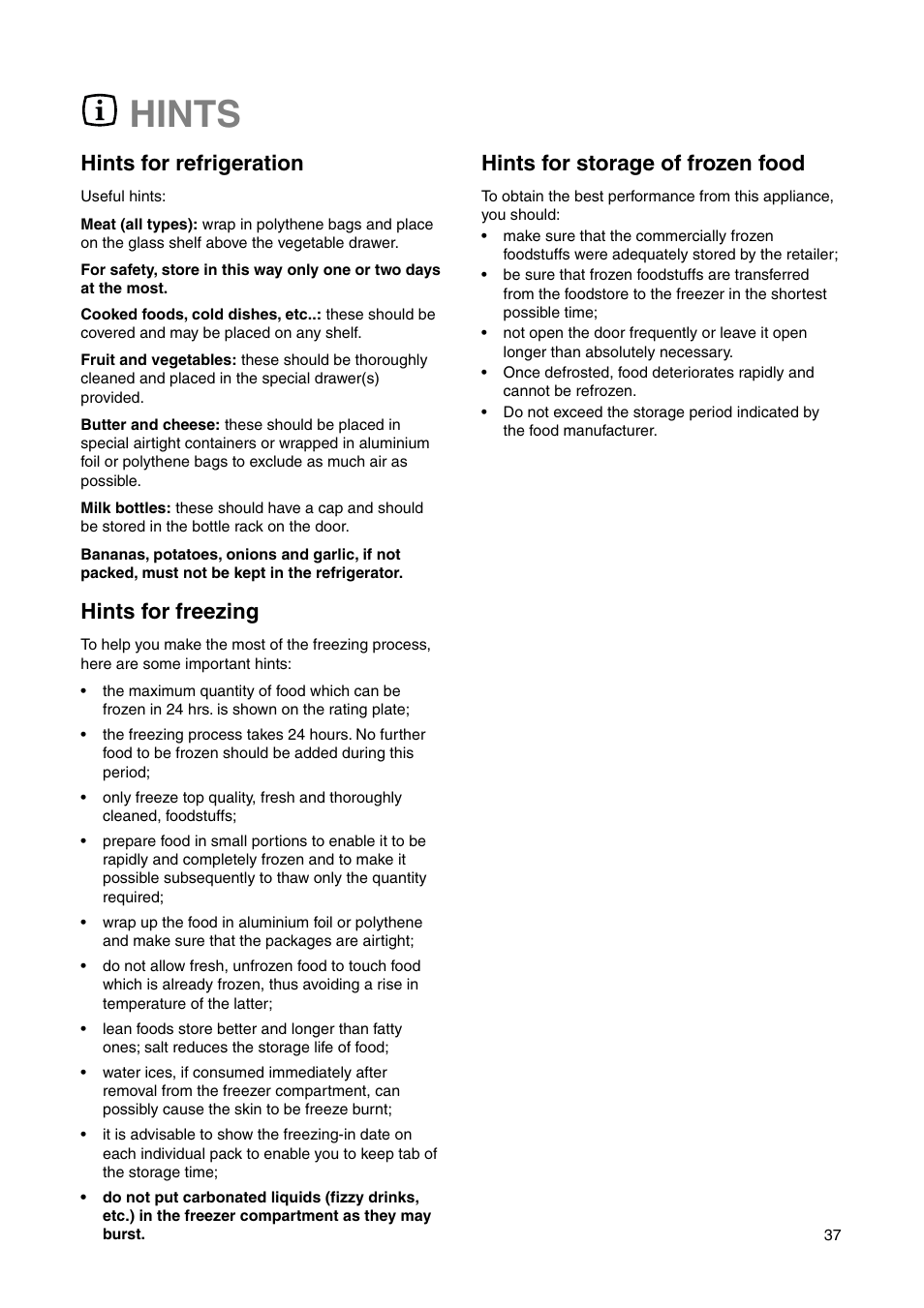 Hints, Hints for refrigeration, Hints for freezing | Hints for storage of frozen food | DE DIETRICH DRS330JE1 User Manual | Page 37 / 48