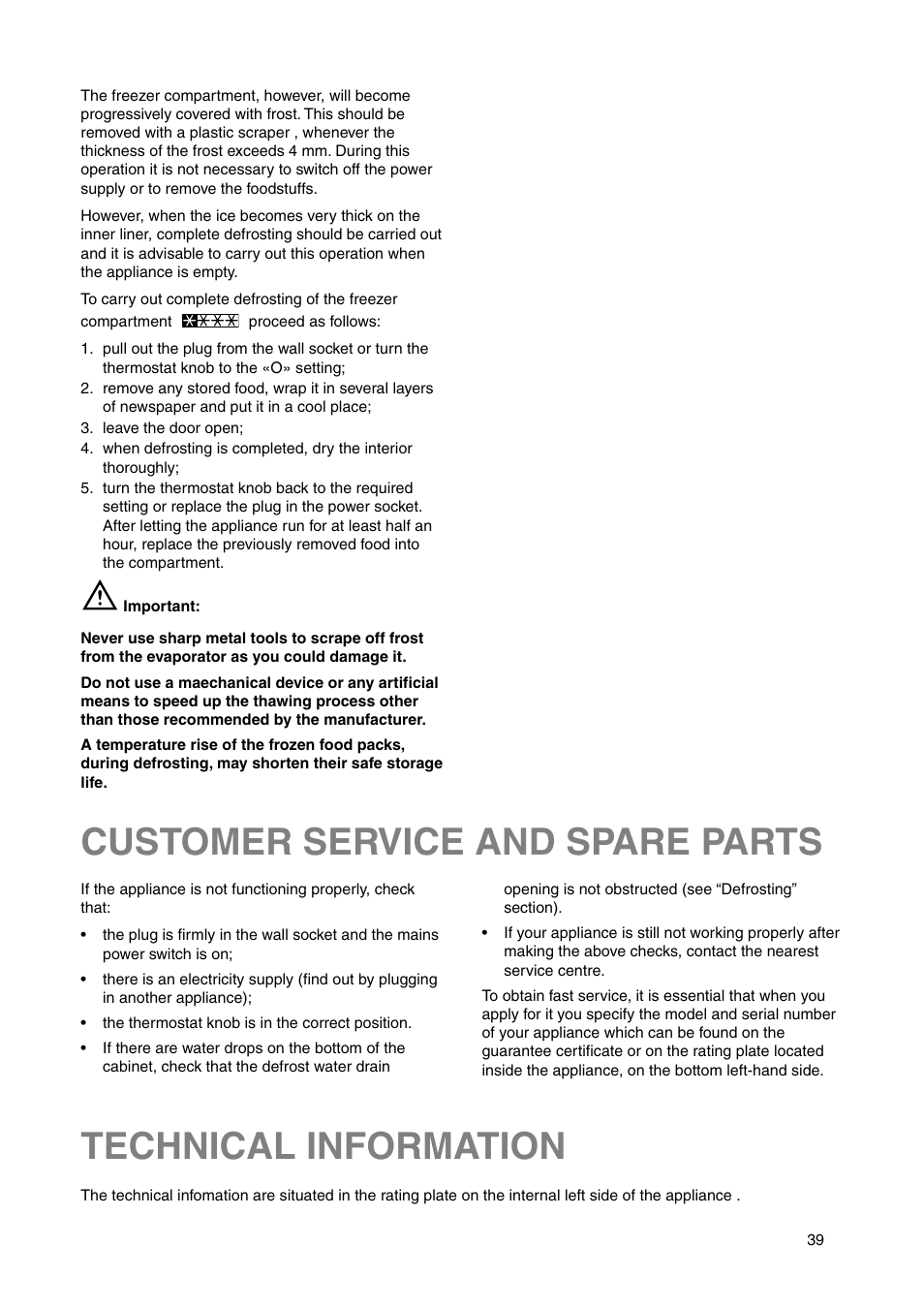 Customer service and spare parts, Technical information | DE DIETRICH DRS330JE1 User Manual | Page 39 / 48