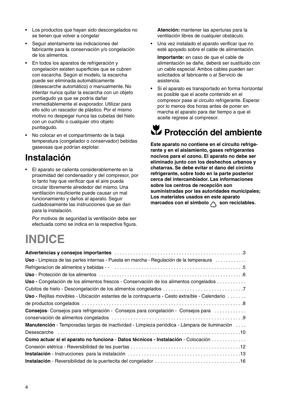 Indice, Protección del ambiente, Instalación | DE DIETRICH DRS330JE1 User Manual | Page 4 / 48