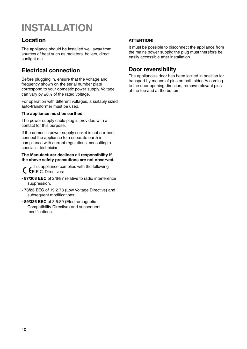 Installation, Location, Electrical connection | Door reversibility | DE DIETRICH DRS330JE1 User Manual | Page 40 / 48