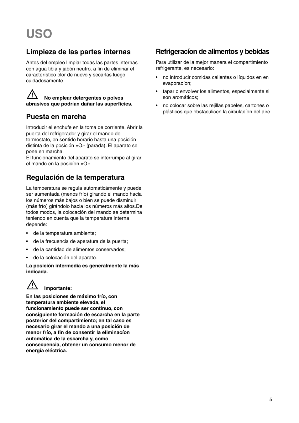 Limpieza de las partes internas, Puesta en marcha, Regulación de la temperatura | Refrigeracíon de alimentos y bebidas | DE DIETRICH DRS330JE1 User Manual | Page 5 / 48