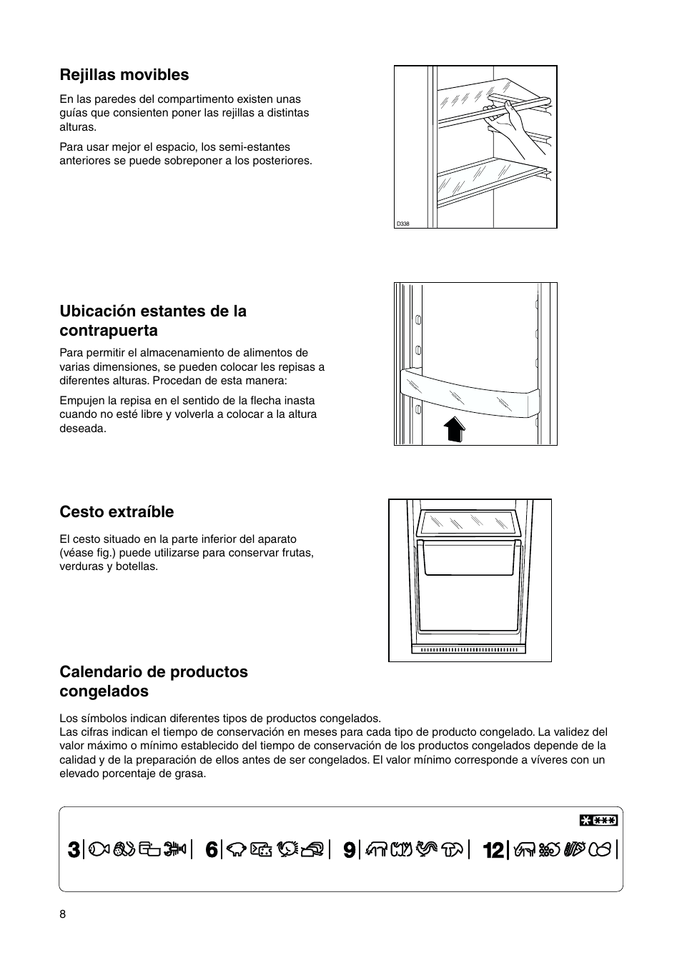 Calendario de productos congelados, Rejillas movibles, Ubicación estantes de la contrapuerta | Cesto extraíble | DE DIETRICH DRS330JE1 User Manual | Page 8 / 48