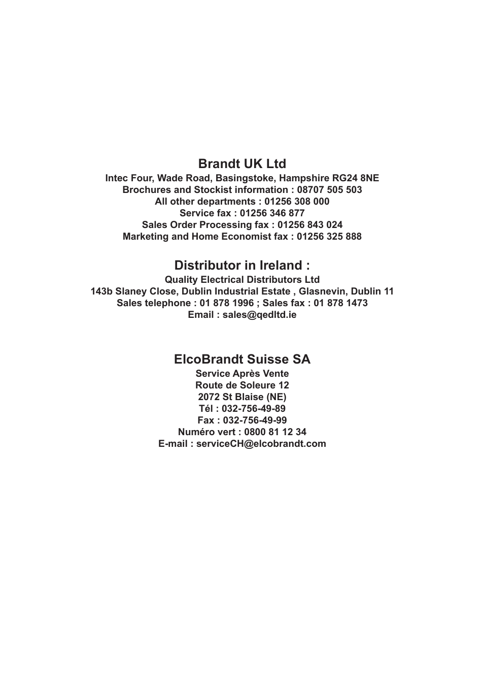 Brandt uk ltd, Distributor in ireland, Elcobrandt suisse sa | DE DIETRICH DRS314JE1 User Manual | Page 13 / 14
