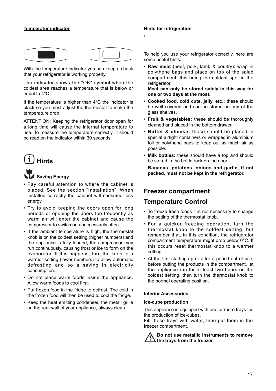 Freezer compartment temperature control, Hints | DE DIETRICH DRS314JE1 User Manual | Page 5 / 14