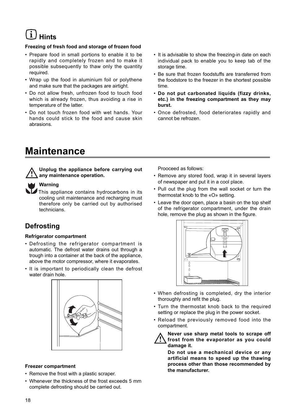 Maintenance, Defrosting, Hints | DE DIETRICH DRS314JE1 User Manual | Page 6 / 14