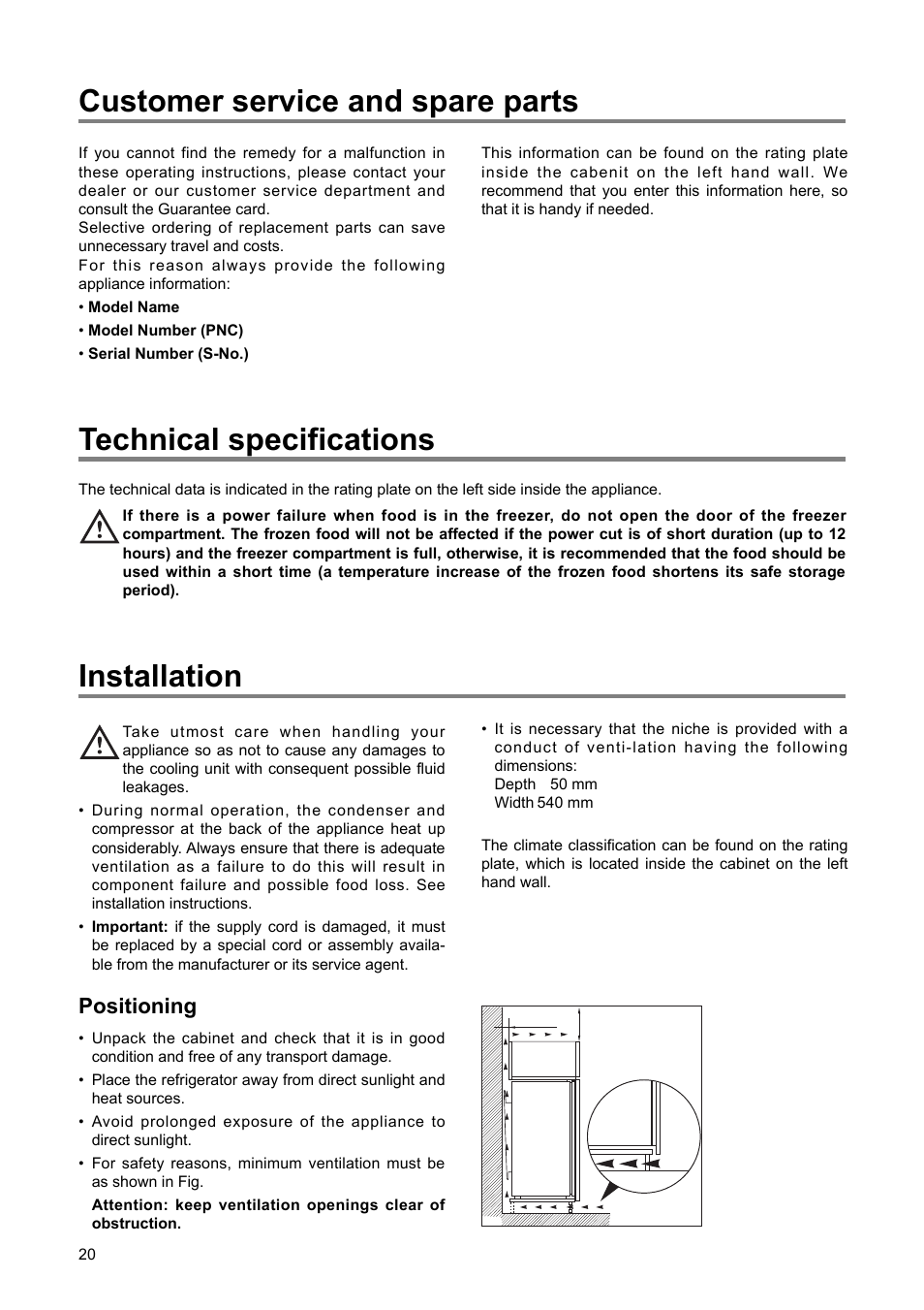 Installation, Technical specifications, Customer service and spare parts | Positioning | DE DIETRICH DRS314JE1 User Manual | Page 8 / 14