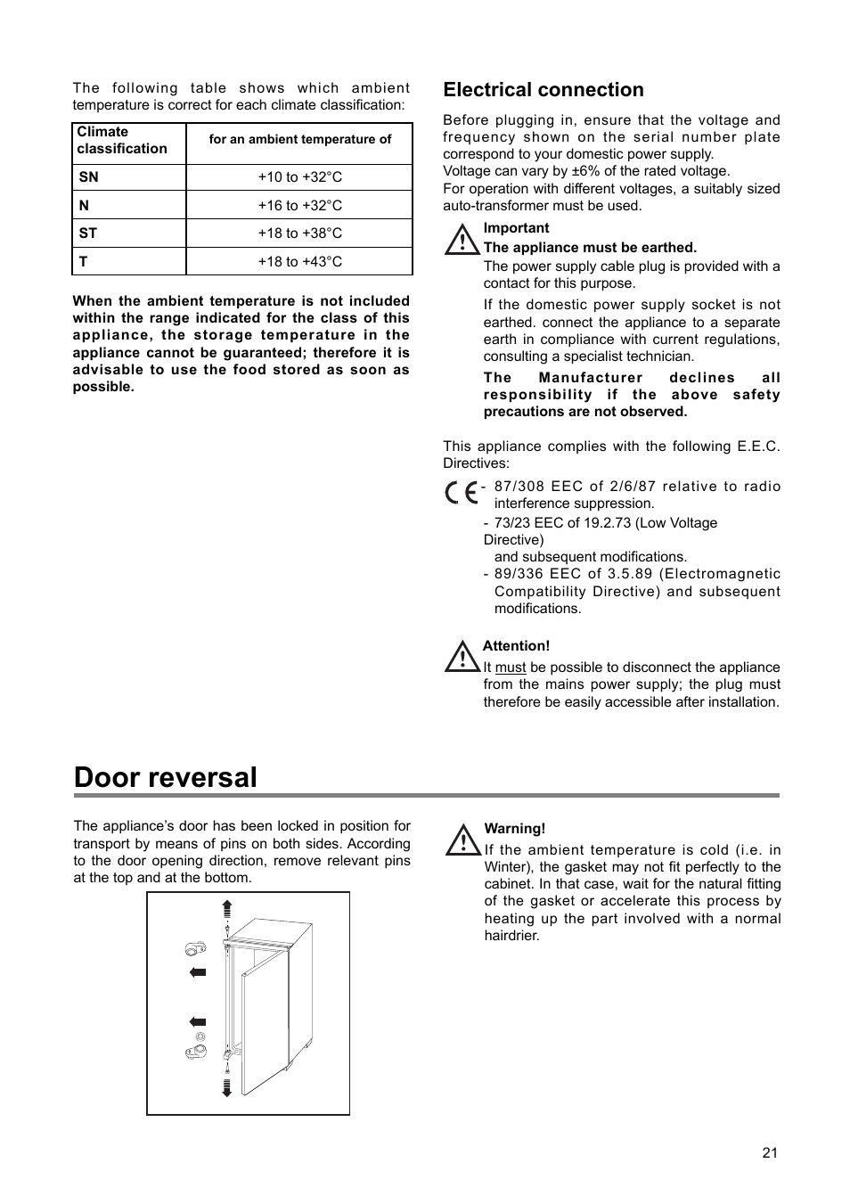 Door reversal, Electrical connection | DE DIETRICH DRS314JE1 User Manual | Page 9 / 14