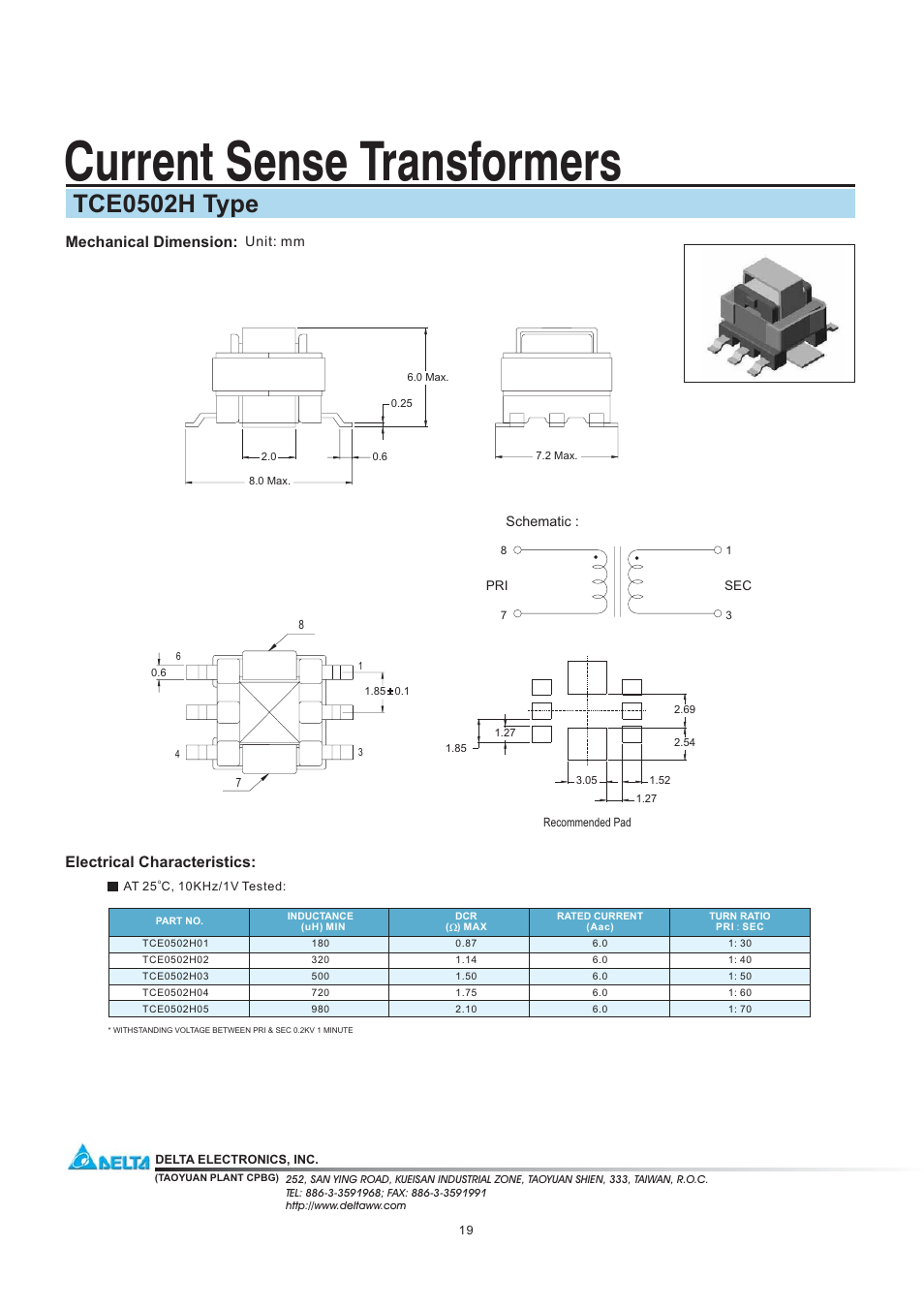 Delta Electronics Current Sense Transformers TCE0502H User Manual | 1 page