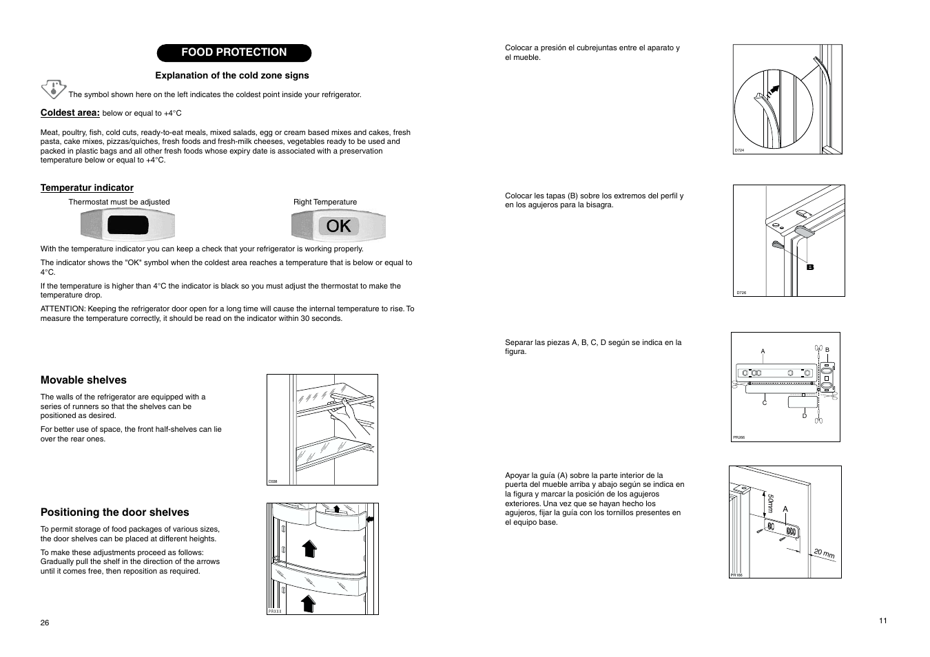 Movable shelves, Positioning the door shelves, Food protection | Explanation of the cold zone signs, Coldest area, Temperatur indicator | DE DIETRICH DRS323JE1 User Manual | Page 11 / 36