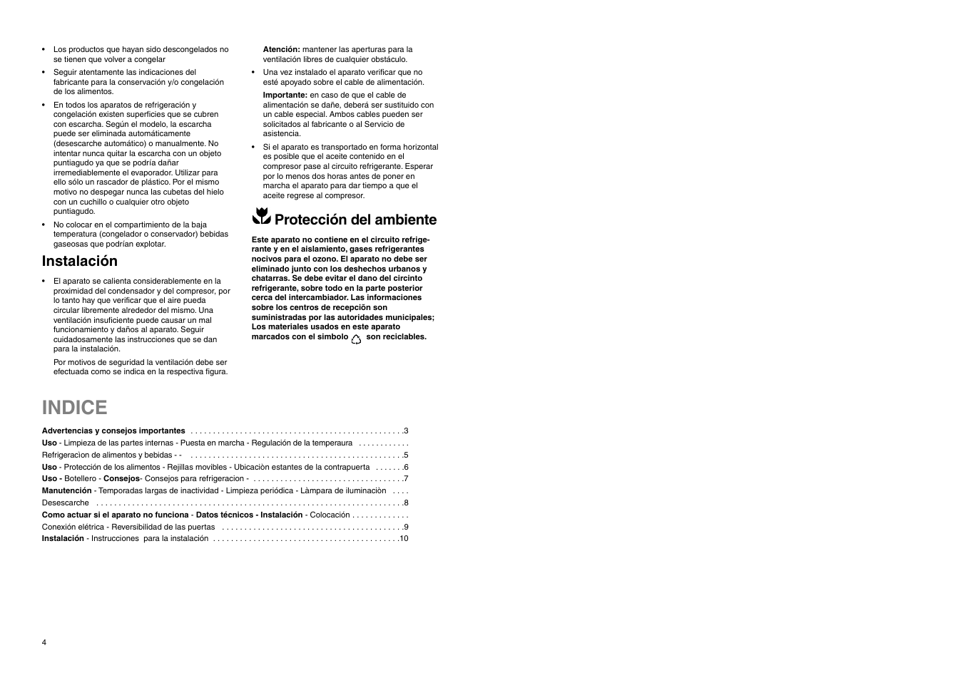 Indice, Protección del ambiente, Instalación | DE DIETRICH DRS323JE1 User Manual | Page 2 / 36