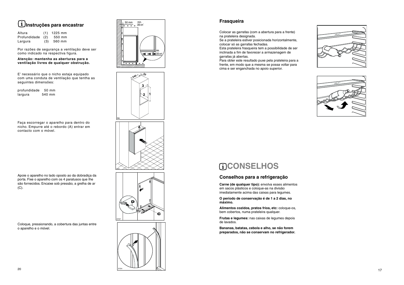 Conselhos, Conselhos para a refrigeração, Frasqueira | Instruções para encastrar | DE DIETRICH DRS323JE1 User Manual | Page 20 / 36