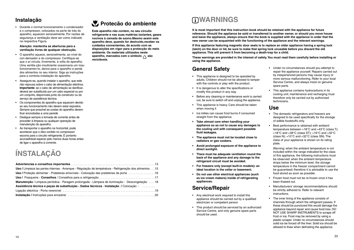 Ínstalação, Warnings, Instalação | Protecão do ambiente, General safety, Service/repair | DE DIETRICH DRS323JE1 User Manual | Page 23 / 36