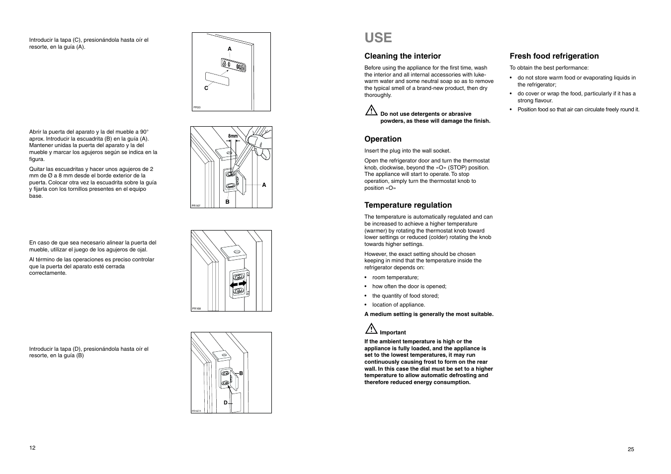 Cleaning the interior, Operation, Temperature regulation | Fresh food refrigeration | DE DIETRICH DRS323JE1 User Manual | Page 25 / 36