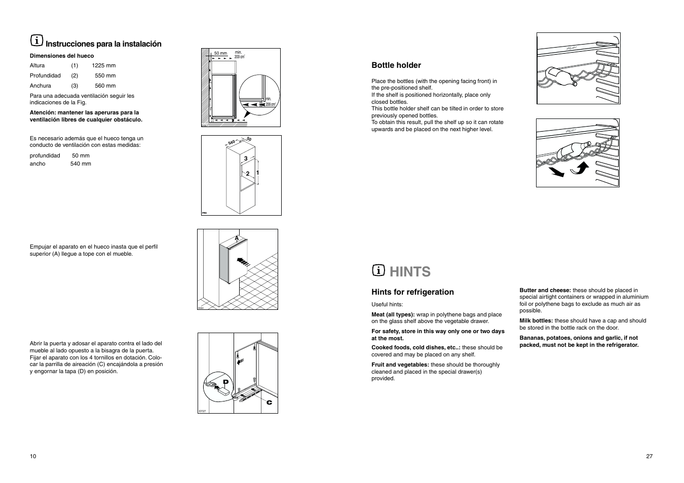 Hints, Instrucciones para la instalación, Hints for refrigeration | Bottle holder | DE DIETRICH DRS323JE1 User Manual | Page 27 / 36