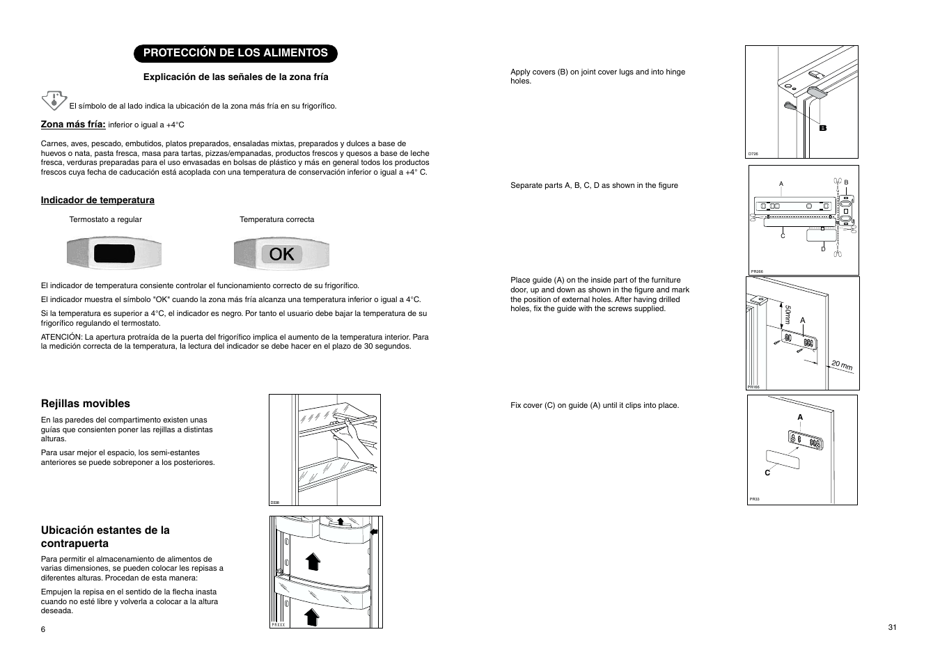 Rejillas movibles, Ubicación estantes de la contrapuerta, Protección de los alimentos | Explicación de las señales de la zona fría, Zona más fría, Indicador de temperatura | DE DIETRICH DRS323JE1 User Manual | Page 31 / 36