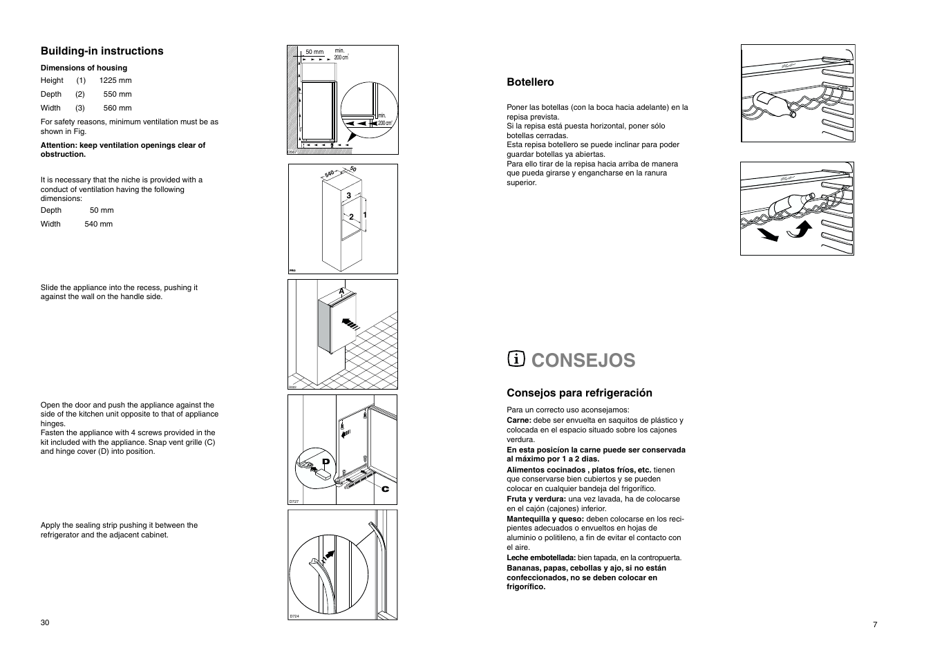Consejos, Consejos para refrigeración, Botellero | Building-in instructions | DE DIETRICH DRS323JE1 User Manual | Page 7 / 36