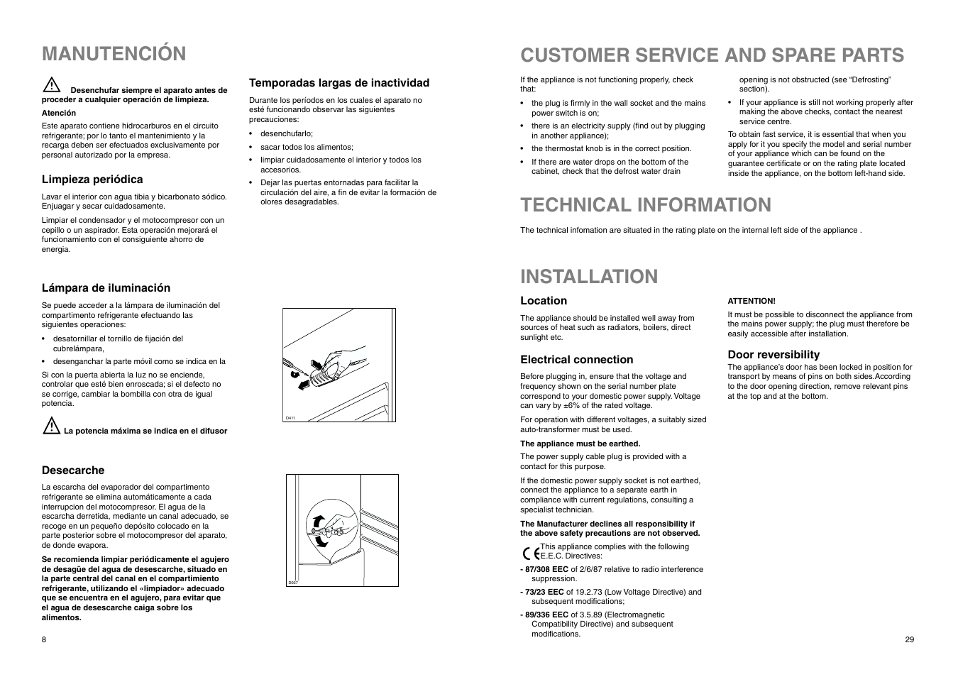 Manutención, Customer service and spare parts, Installation | Technical information, Temporadas largas de inactividad, Limpieza periódica, Lámpara de iluminación, Desecarche, Location, Electrical connection | DE DIETRICH DRS323JE1 User Manual | Page 8 / 36